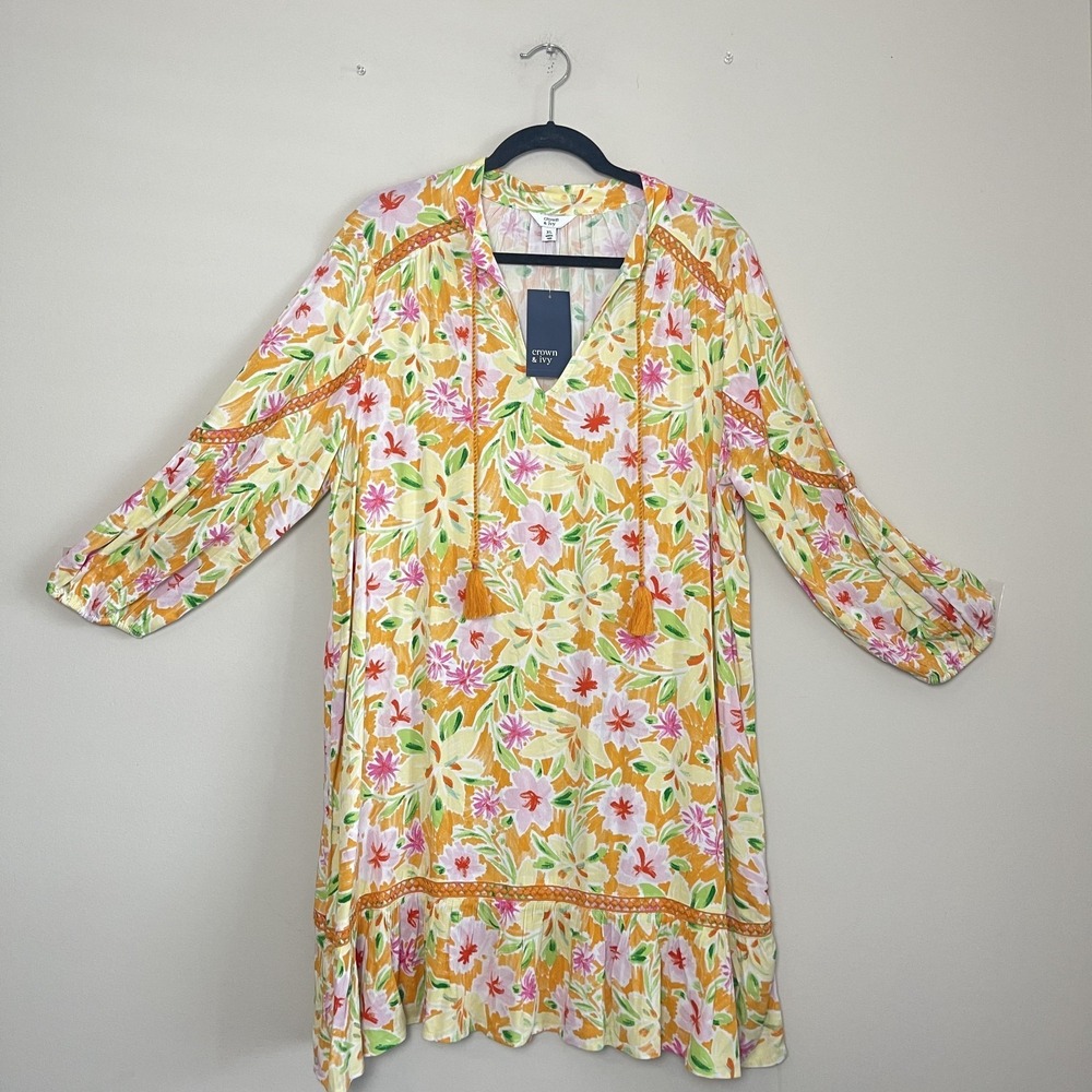 NWT Crown & Ivy Floral Ruffle Hem Feminine Cottagecore Boho Spring Mini Dress XL